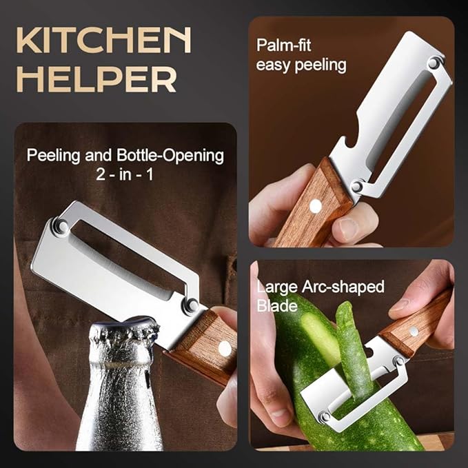 Vegetable Peeler with Wooden Handle, Multifunctional Fruit Peeler for Kitchen, Stainless Steel Blade Peeler with Built-in Bottle Opener (3PC)