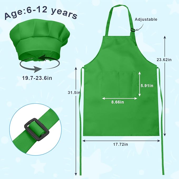 Kids Apron and Chef Hat Set, 24 Pieces Boys Girls Kids Apron with 2 Pockets Adjustable for Cooking Classroom Baking Painting, 6-13 Years, Bright Color