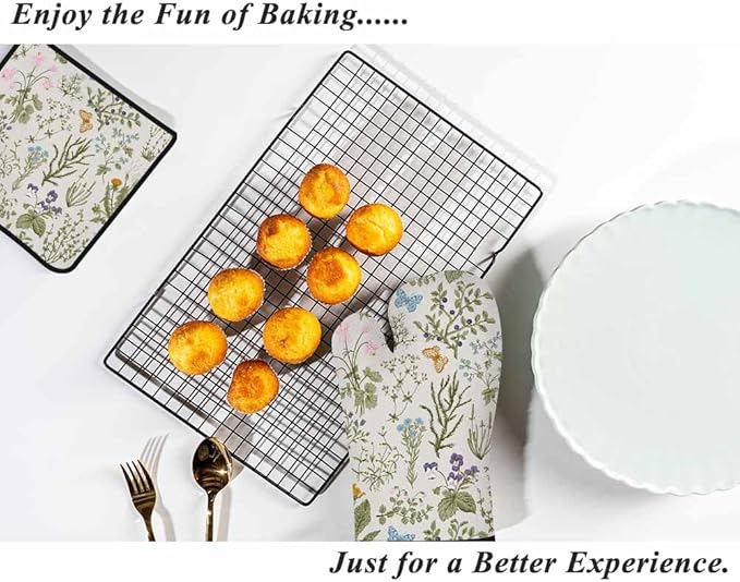 Floral Plant Oven Mitts and Pot Holders Sets Wild Flowers Herbs Heat Resistant 3pcs for Cooking Baking BBQ