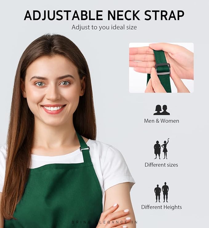 Syntus 12 Pack Bib Apron, Unisex Aprons Adjustable Waterdrop Resistant with 2 Pockets Cooking Kitchen Apron for Chef, BBQ Drawing Apron Bulk, Dark Green