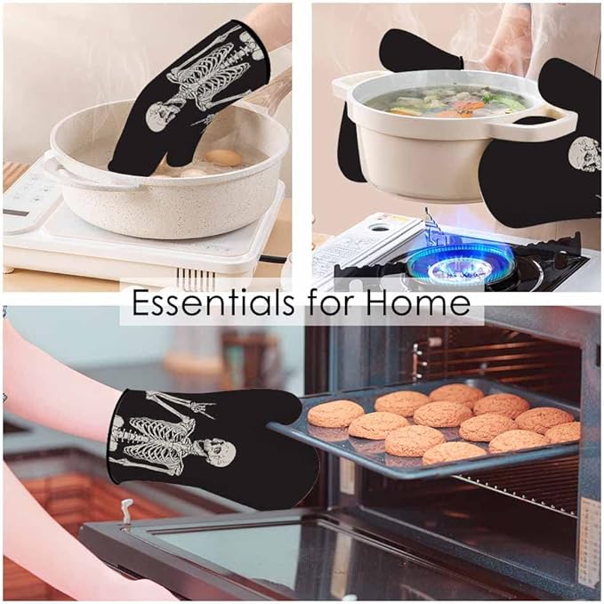 Human Skeleton Oven Mitts and Pot Holders Sets Funny Pose Happy Face Heat Resistant 3pcs for Cooking Baking BBQ