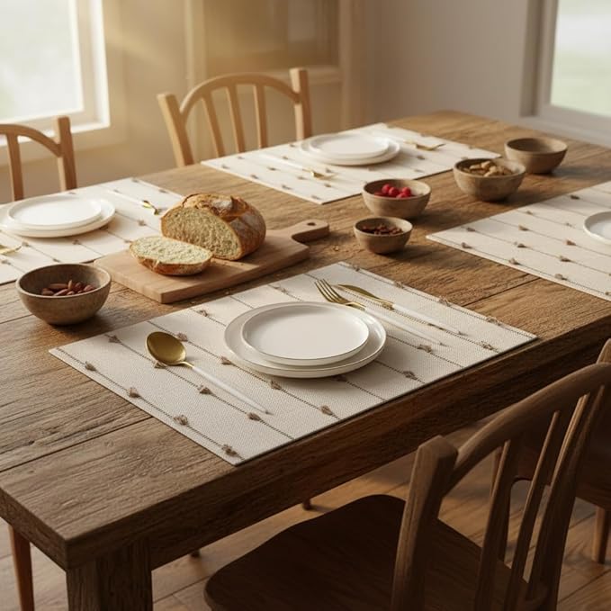 Boho Placemats 13 x 19 Inch Set of 4 for Dining Table Decor Woven Cloth Place Mats for Farmhouse Rustic Kitche Spring Home Decor Cotton Placemats Khaki and Beige Table Mats