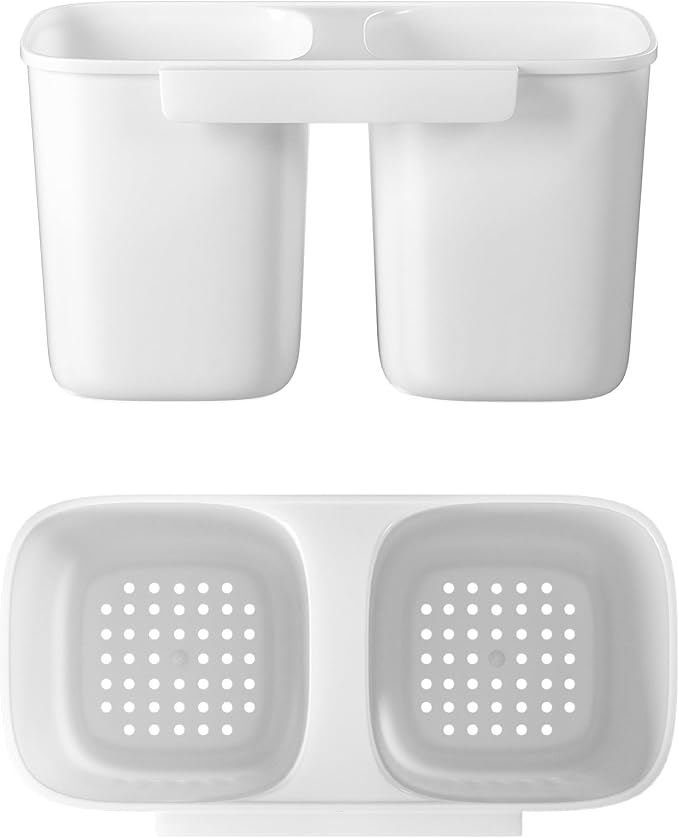 SANNO Dish Rack Utensil Holder, Hanging Cutlery Drainer Caddy with Hooks, 2 Compartment Flatware Organizer for Forks, Spoons, Knives, Fits Over Most Dish Drying Racks, White