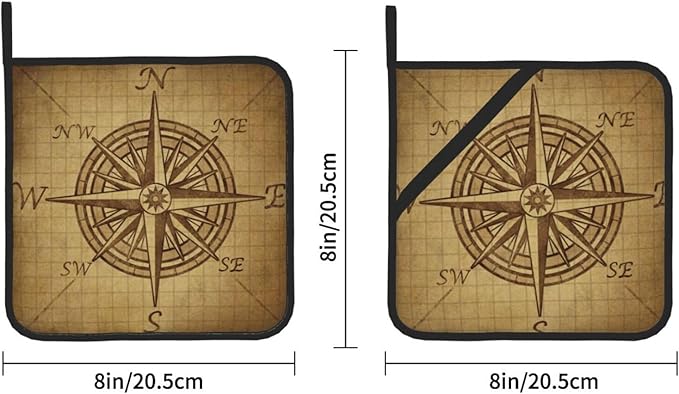 Pot Holders 2PCS Return Compass,Vintage Compass Rose Pot Holder, Art Brown Kitchen for Cooking Baking BBQ Grilling