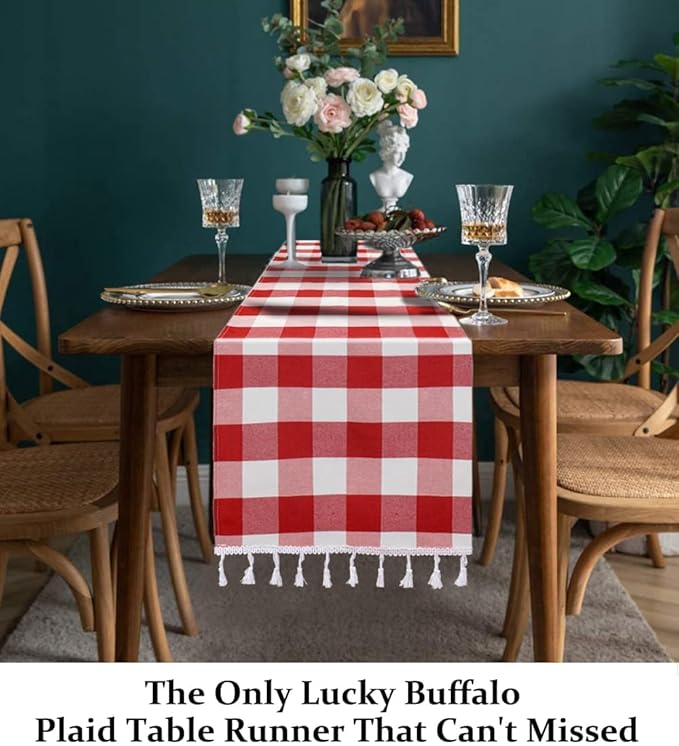 DUOBAO Buffalo Plaid Table Runner with Tassels 14x72-Inch Red and White Farmhouse Decoration Checker Tables Runners Farmhouse Decor Checked Runner (14x72-Inches)