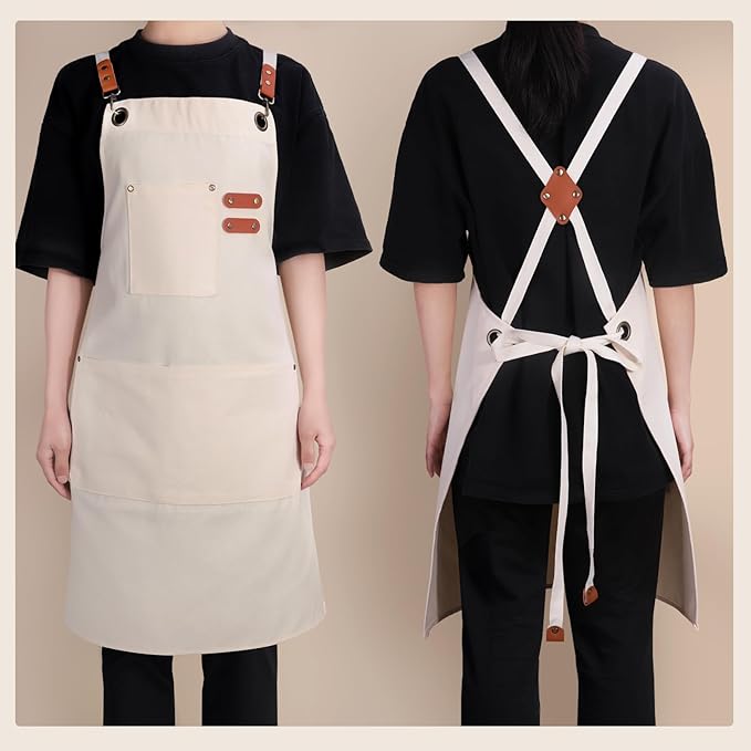 Chef Aprons for Men Women with Large Pockets, Cotton Canvas Water Repellent Kitchen Apron for Cooking