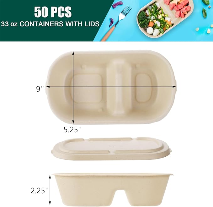 Yesland 50 Pcs Compostable Take Out Food Containers with Lid, 33 oz Bagasse to Go Container 2 Compartment Rectangular Disposable Paper Bowl, Eco-Friendly Meal Prep Food Container for Salad Leftovers