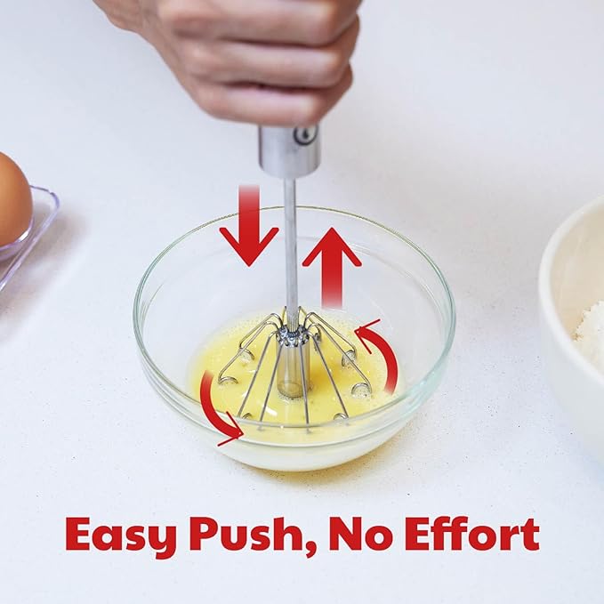 Stainless Steel Egg Beater - Easy to Use Semi-automatic Push-Down Zip Whisker - Rotary Hand Mixer for Beating Eggs, Frothing Milk, Blending, Mixing - Hand Whisk - 2 Pack (12 &14 Inch)
