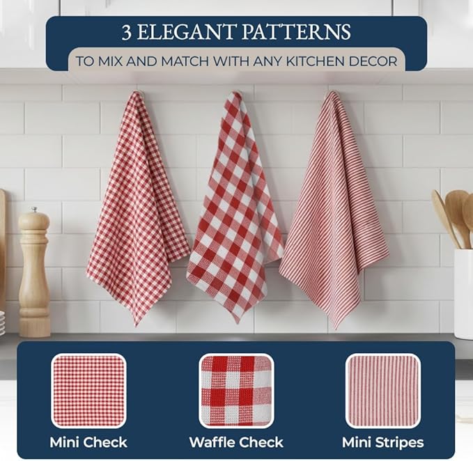 LANE LINEN Kitchen Towels Set - 6 Absorbent Hand Towels, 4 Dish Cloths, 4 Waffle Scrubbers, 2 Flour Sack Towels, 2 Potholders & 2 Oven Mitts - Red