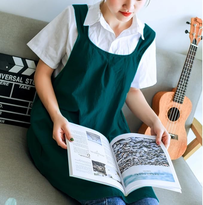NEWGEM Japanese Cotton Linen Cross Back Cooking Apron for Women Men with Pockets Cute for Baking Kitchen