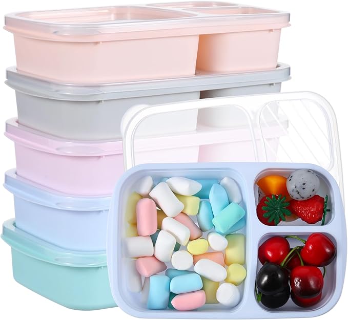 Honeydak 5 Pack Snack Containers 3 Compartment Bento Snack Boxes Divided Meal Prep Containers with Lids Reusable Adults Lunch Food Storage Box for School Work Travel(Youthful Color)