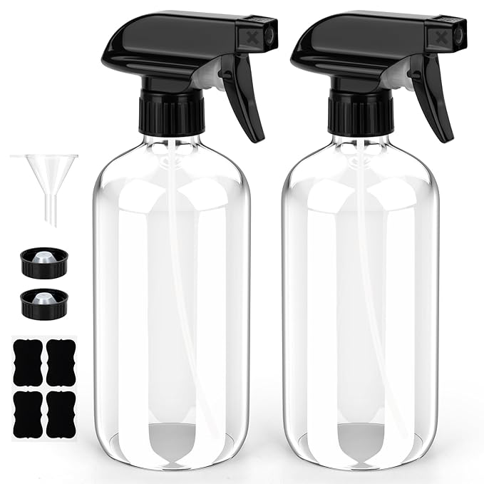 Bontip Glass Spray Bottle, Glass Spray Bottle Set & Accessories Refillable for Plants Window Cleaners Aromatherapy Facial Hydration Watering Flowers Hair Care (2 Pack/8 oz) (Transparent)