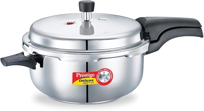 Prestige 5L Alpha Deluxe Induction Base Stainless Steel Deep Pressure Pan, 5.0-Liter, Silver