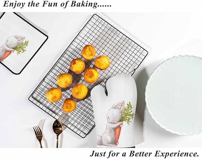 Cute Rabbit Oven Mitts and Pot Holders Sets Sleeping Hare with Carrot Heat Resistant 3pcs for Cooking Baking BBQ