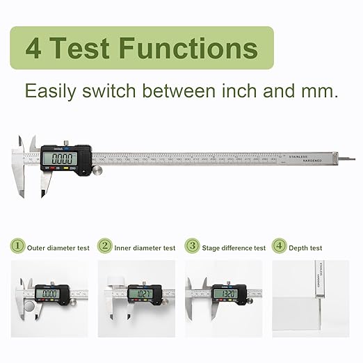 Digital Caliper 0-12" Measuring Tool with Metal Ruler, Micrometer Caliper with Auto-Off Feature, Interchangeable Between inches and millimeters for DIY/Household and 3D Printing, Black