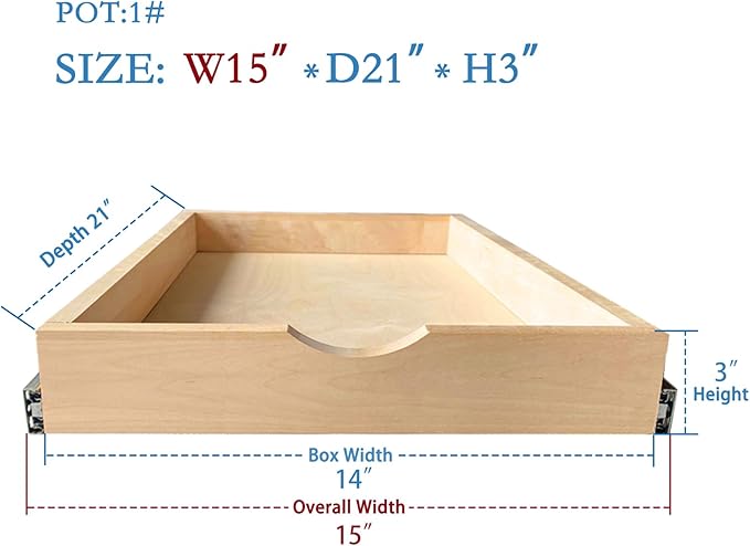 Kitchen Cabinet Organizer, Fully Assembled Drawer Wood Pull Out Tray Drawer Box Cabinet Slide Out Shelve, Wooden Pull-Out Shelf (W15''×D21''×H3'')