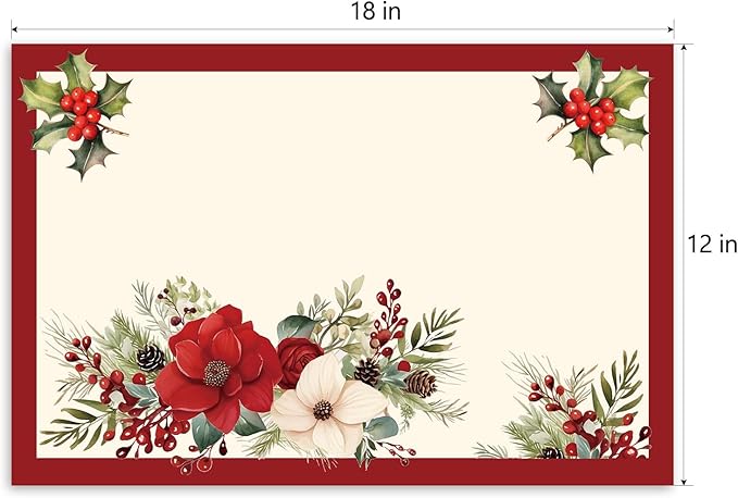 Set of 4 Red and White Placemats, 12 x 18 Inch Christmas Rectangle Table Mats, Linen Fabric Placemat for Holiday Indoor & Outdoor Party Dining Table Kitchen Decor -07