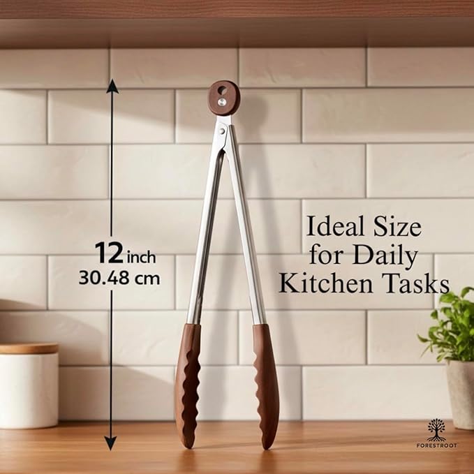 Walnut Wood Kitchen Tongs – 12-Inch Nonstick-Safe Wooden Salad & Grill Tongs for Cooking, Serving, BBQ, and Tossing Salad – Durable Stainless Steel Core with Natural Wooden Tips