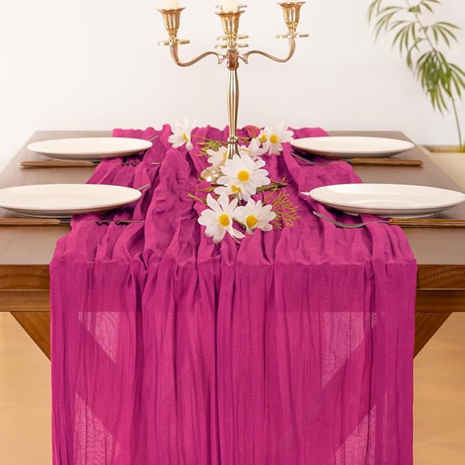 Socomi 2pcs Hot Pink Spring Cheesecloth Table Runner Fuchsia Boho Rustic Gauze 120 inch 10FT Cheese Cloth Runner for Wedding Party Baby Shower Birthday Home Decor