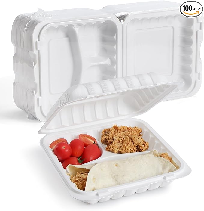 YANGRUI Food Containers 9" 40 oz 100 Pack - Mineral Filled BPA Free Polypropylene Plastic | Shrink Sealed | Reusable Dishwasher Freezer & Microwave Safe | Stackable Design 3 Compartment Takeout Boxes
