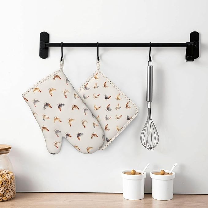 Oven Mitts and Pot Holders Chicken Pattern Silicone Kitchen Accessories Set of 2 Heat Resistant Long Gloves Potholder Non-Slip Grip for Chef Cooking,Baking,Grilling,BBQ