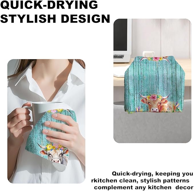 2 Pcs Cow Kitchen Towels, Rustic Flower Soft Absorbent Hand Tea Towel, Microfiber Dish Cloths for Drying Dishes, Waffle Dish Towels for Kitchen Bathroom Decor, Cow Gifts for Women