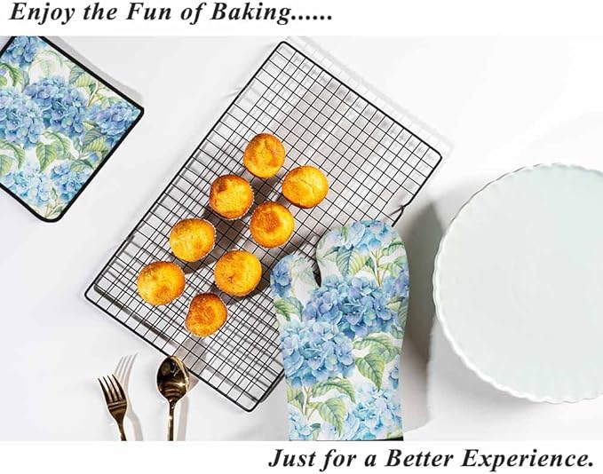 Teal Blue Flower Oven Mitts and Pot Holders Sets Hydrangea Nature Spring Summer Heat Resistant 3pcs for Cooking Baking BBQ