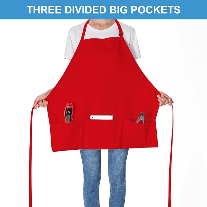 Jubatus 2 Pack 3 Pockets 100% Cotton Adjustable Bib Apron Chef Kitchen Cooking Aprons for Women Men, Red