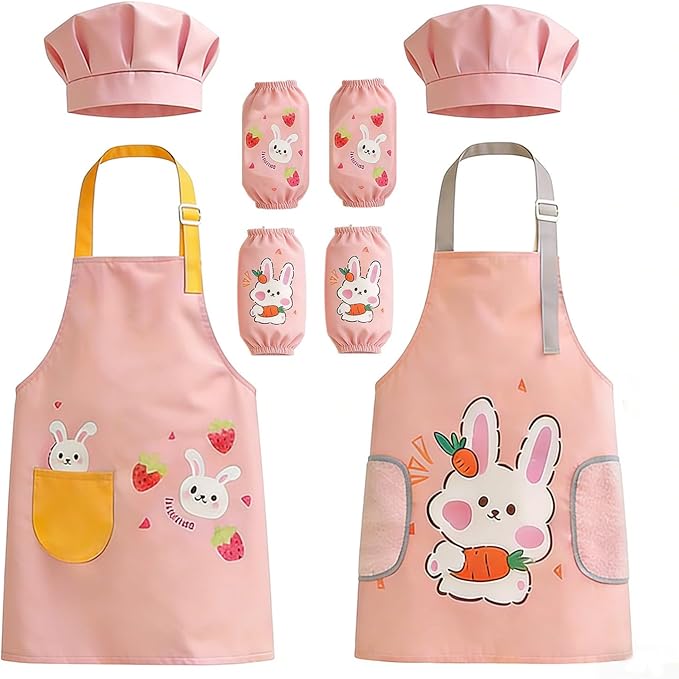 2-Piece Kids' Apron and Chef Hat Set, Adjustable with Pockets, for Children's Cooking, Baking, and Painting, Pink Floral Design for Boys and Girls Ages 3-6