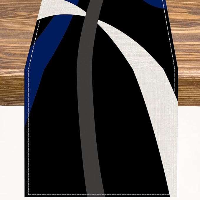 Abstract Geometric Table Runner Navy Blue Grey and White Striped Black Background Modern Kitchen Dinner Runner for Indoor Home Living Room Party Dining Table Decoration 13"x60"