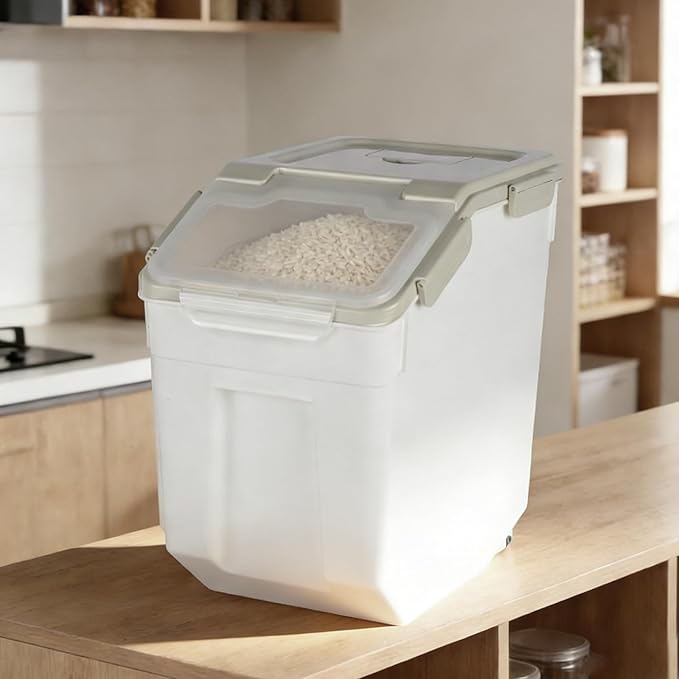 PENCK Rice Storage Container 50 lbs Large Household Flour Sugar Containers Airtight Grain Cereal Dispenser with Wheels, Locking Lid & Measuring Cup for Kitchen Pantry Organization, 2 Pack(Grey)