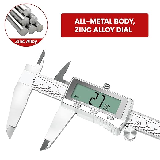 Digital Caliper 6 Inch, Rechargeable Calipers Tool with Backlight LCD Screen, Stainless Steel Caliper Measuring Tool, Auto-Off Micrometer, Inch/MM/Fraction Conversion for 3D-Printing/DIY/Household
