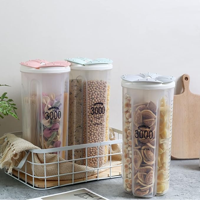Airtight Kitchen Food Storage Container, Leak-Proof BPA Free Plastic Plastic Dry Cereal Dispensers Containers with Durable Lids for Flour, Sugar, Rice (3000ml 4 Color-4 Grid)