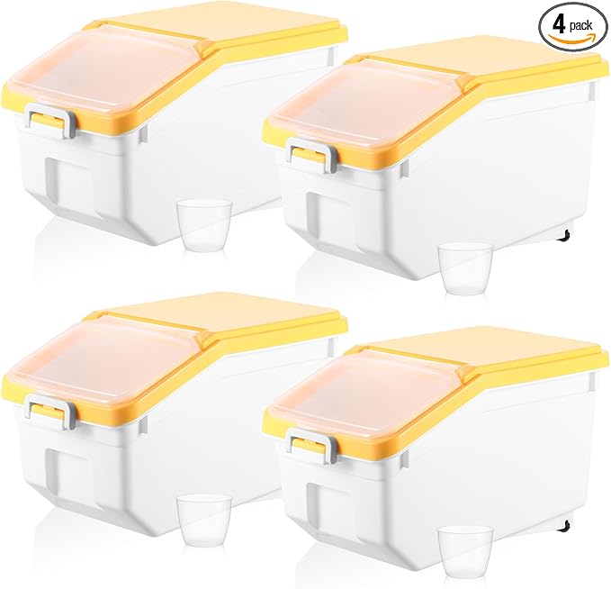 Sunnyray 4 Pcs Rice Storage Containers Bulk Flour Sugar Container Wheels Measuring Cups Set Airtight Pet Dog Cat Birds Food Bin Grain Cereal Organizer Box for Dry Baking(Yellow,22 lb)