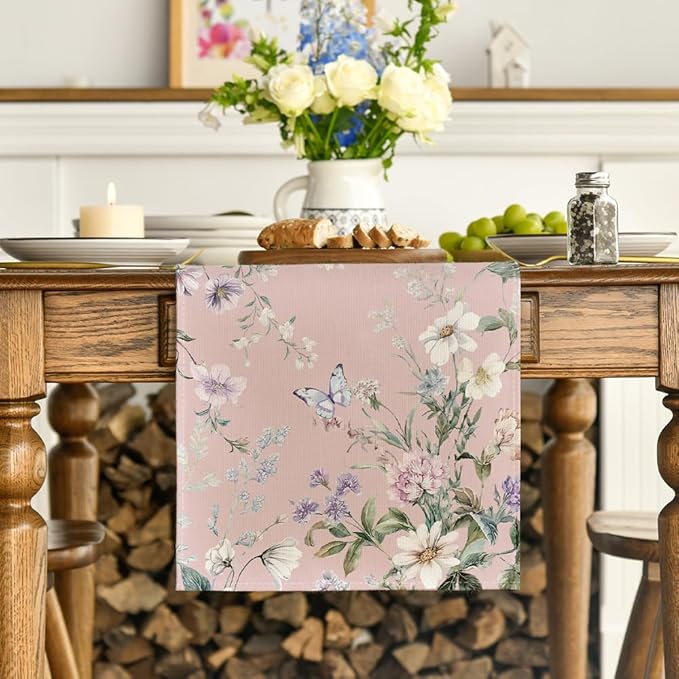 Artoid Mode Pink Floral Wildflower Leaf 210 GSM Spring Table Runner, Seasonal Summer Kitchen Dining Table Decoration for Home Party Decor 13x72 Inch