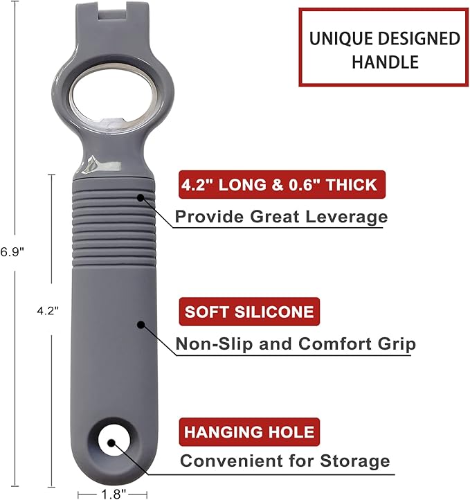2-Pack Soda Can Opener and Beer Bottle Opener Bartender with Good Grip Silicone Handle, Pop Top Can Tab Opener for Long Nails, Bottle Opener for Arthritic Hand and Seniors, Gray
