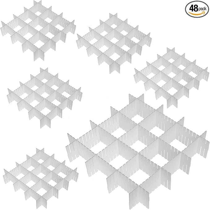 KINJOEK 48 PCS DIY Drawer Divider Organizers, Adjustable Plastic Desk Drawer Separators for Organizing Drawers Desktop, 48 White