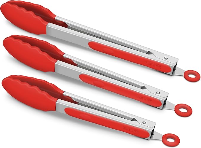 3 Pack Red Kitchen Tongs, Premium Silicone BPA Free Non-Stick Stainless Steel BBQ Cooking Grilling Locking Food Tongs, 9-Inch 10-Inch & 12-Inch