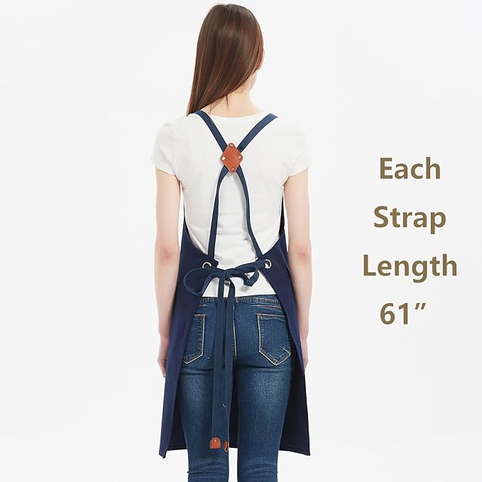 AFUN Chef Aprons for Women Men with Oversized Pockets, 12-Ounce Cotton Canvas Cross Back Water Repellent Apron (Dark Blue)