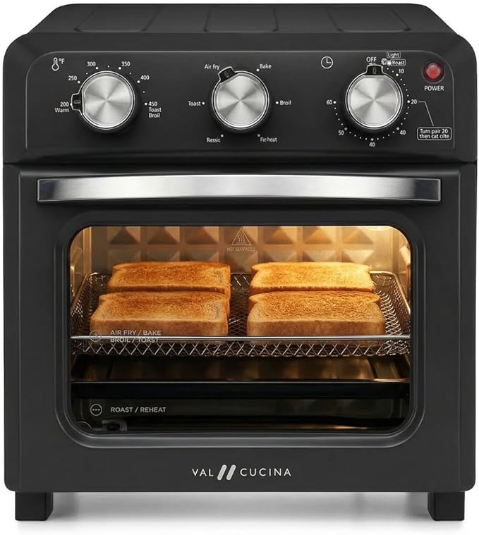 VAL CUCINA 6-in-1 Air Fryer Toaster Oven Combo, Compact 12.7 QT Small Countertop Convection Oven, Fits 9" Pizza & 4 Toast, Hexagon Hybrid Heating, Enamel Baking Pan