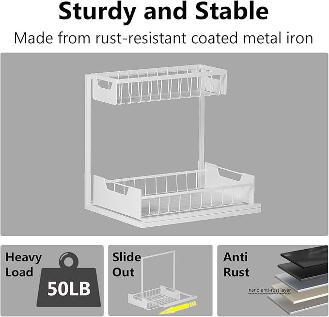 Ceetug Under Kitchen Sink Organizers and Storage Pull Out 2 Tier Metal Bathroom Cabinet Organizer (White, 2 Pack)