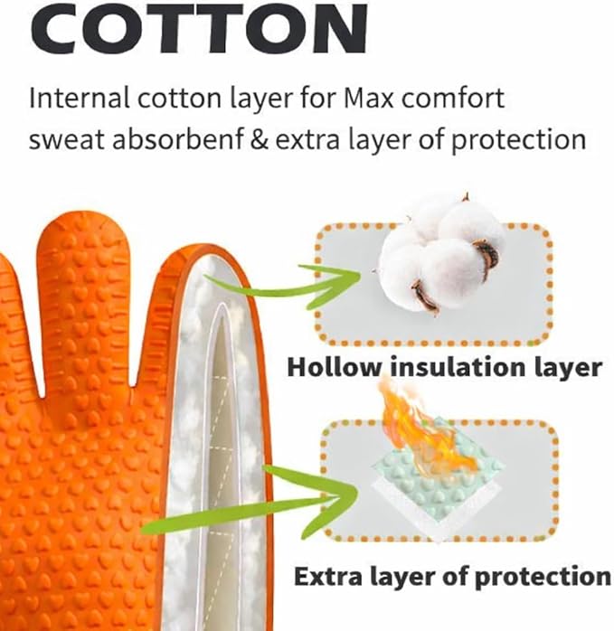 Cotton Lined Silicone Oven & BBQ Gloves, 450°F Heat Resistant Waterproof & Non-Slip Mitts for Baking, Cooking, Grill, Smoker & Fryer Use, Universal Size, 1 Pair (Black)