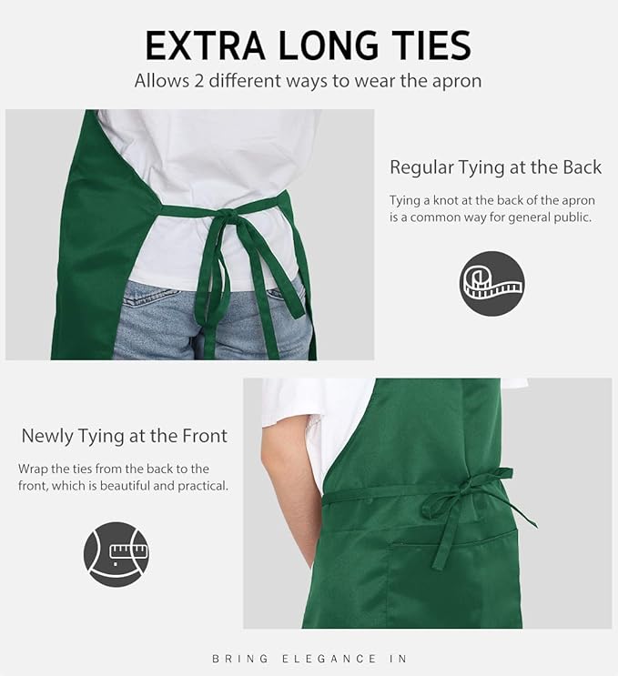Syntus 12 Pack Bib Apron, Unisex Aprons Adjustable Waterdrop Resistant with 2 Pockets Cooking Kitchen Apron for Chef, BBQ Drawing Apron Bulk, Dark Green