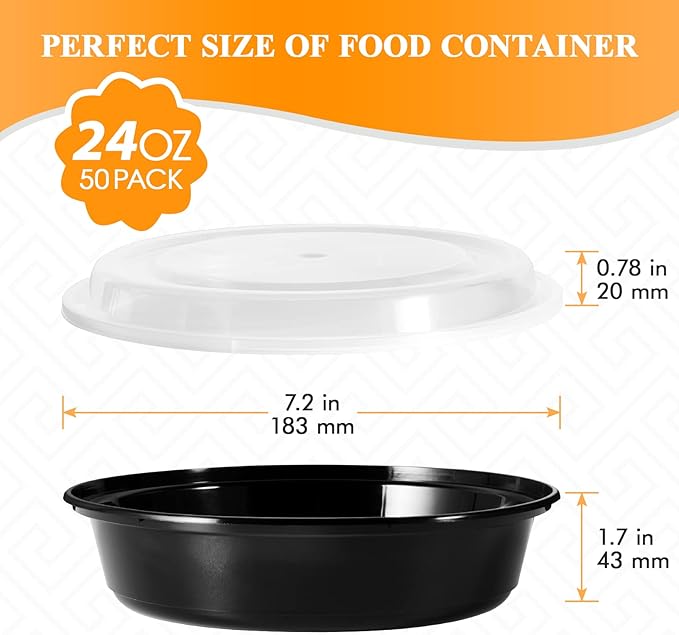 MUCHII 50 Pack Meal Prep Container, 24 oz Round Plastic Disposable Bowls with Lids, Food Microwave and Freezer Safe