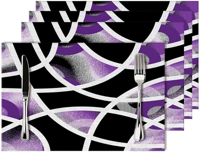 Modern Geometric Abstract Purple Placemats Set of 4, Linen Durable Non-Slip Heat-Resistant Washable Black White Purple Patterned Place Mats for Dining Table, Kitchen, Party, Kitchen Table Mats Decor