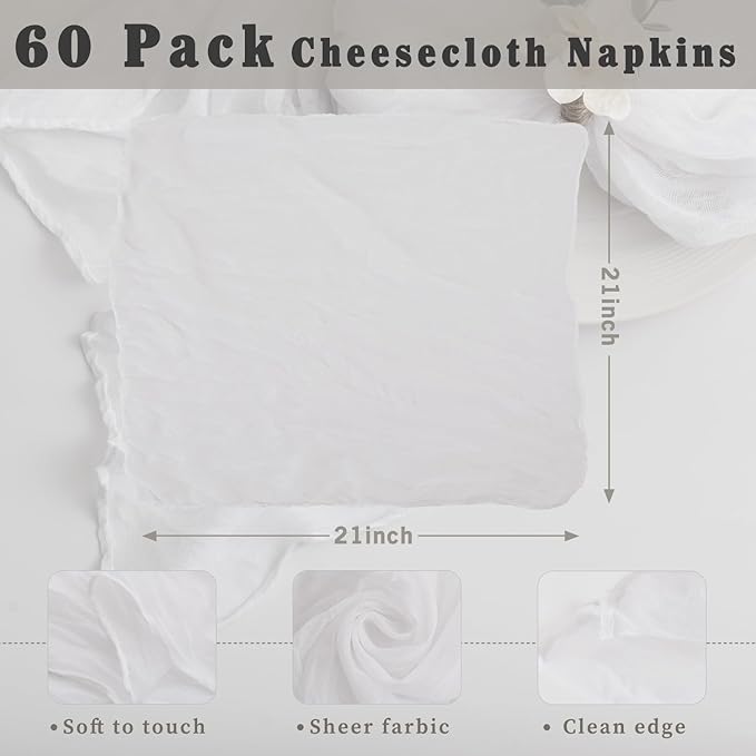 60 Pack White Cheesecloth Napkins Washable 21x21 Inches White Cloth Napkins Set of 60 Dinner Table Napkins for Wedding Cotton Gauze Bridal Baby Shower Rustic Boho Summer Party Table Decor