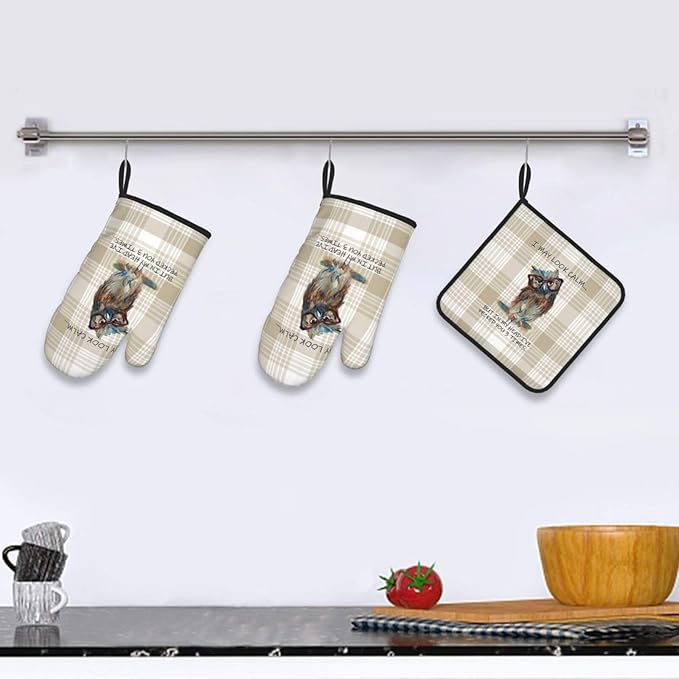 Funny Owl Oven Mitts and Pot Holders Sets of 3 Kitchen Hot Pads Cute Buffalo Plaid Oven Gloves Heat Resistant Washable for Cooking Grilling Baking Holiday Kitchen Decor