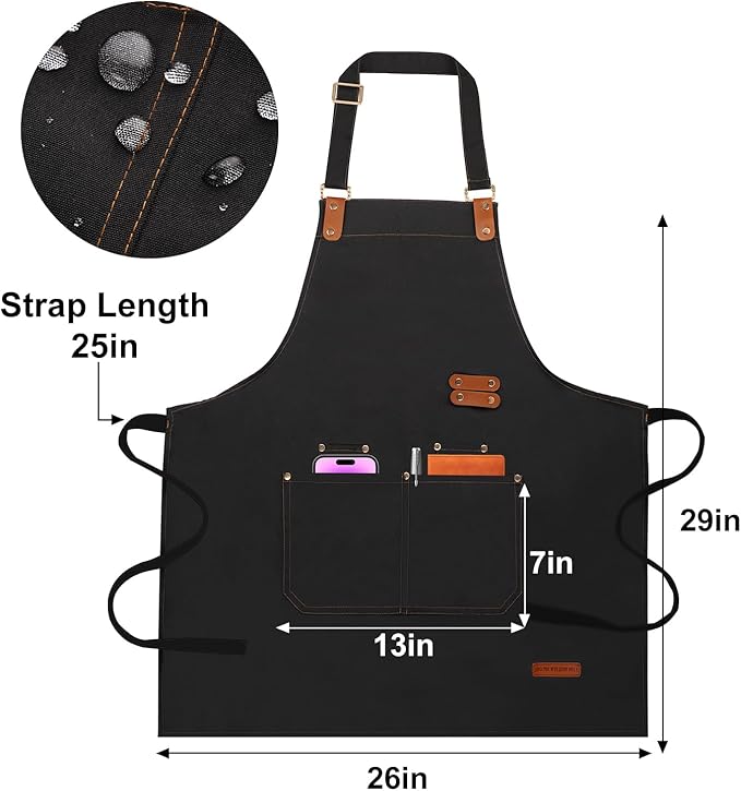 Chef Aprons for Women Men with Pockets(Functional and Large), Oil-Repellent & Water-Resistant Heavy-Duty Black Canvas with Adjustable Straps, Full-Coverage Protection for Cooking, Kitchen
