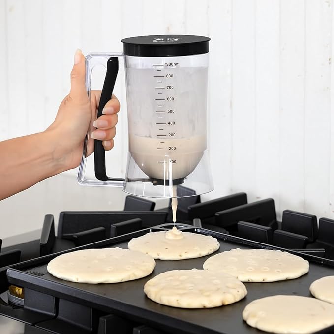 Pancake Batter Dispenser - Kitchen Must Have Tool for Perfect Pancakes, Cupcake, Waffle, Muffin Mix, Cake & Crepe - Easy Pour Baking Supplies for Griddle - Pancake Maker with Measuring Label (Black)