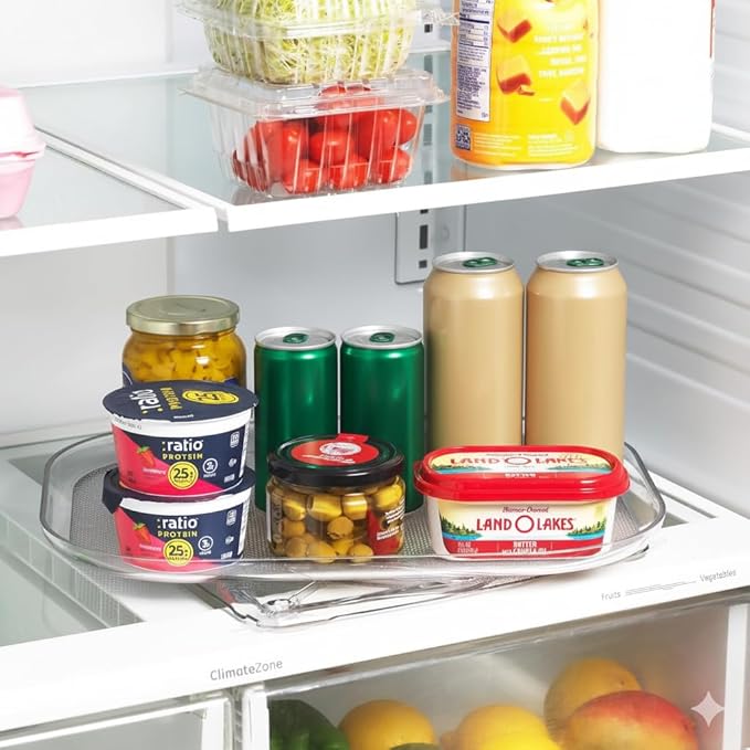 Oizeir Refrigerator Lazy Susan Turntable – Clear Rectangular Fridge Organizer with Suction Cups, 360° Rotating Tray for Side-by-Side Refrigerators, Cabinet & Pantry Organization